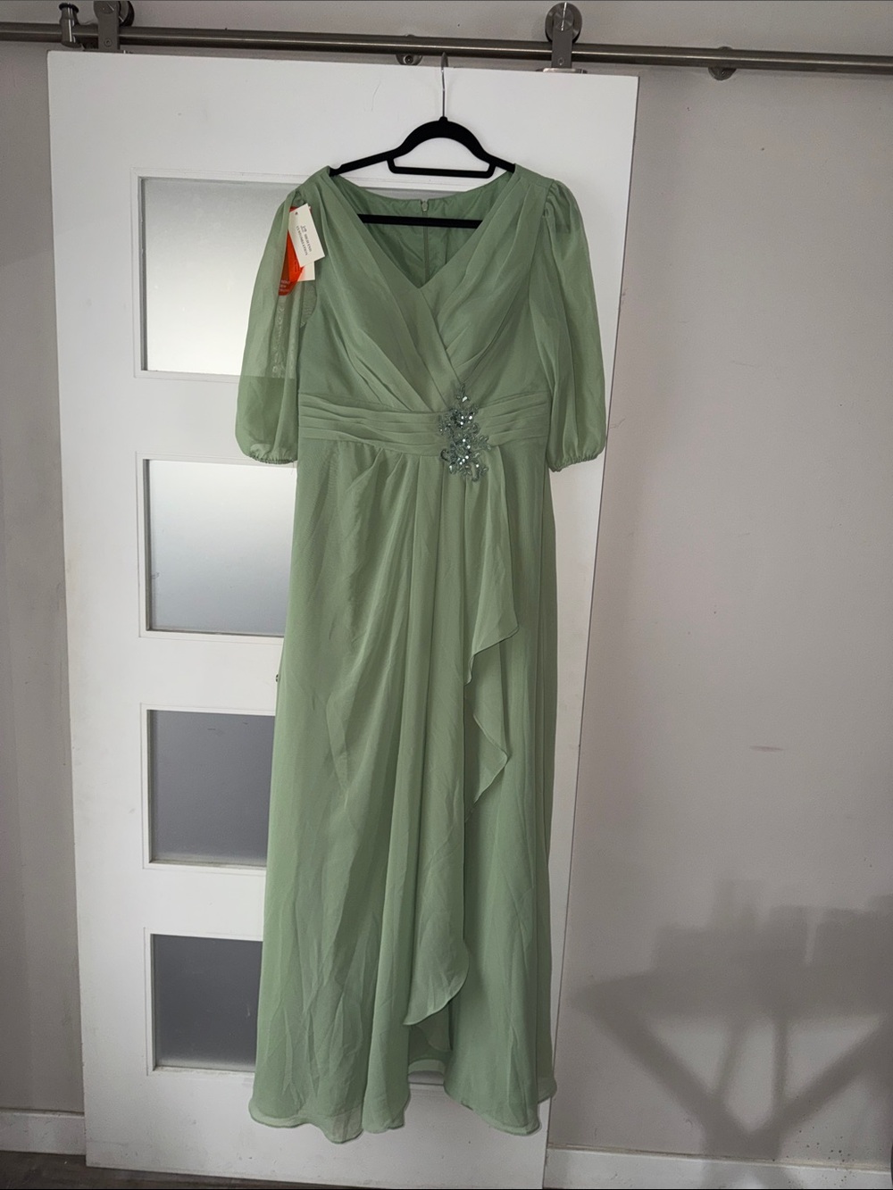 Sage Green V-Neck Maxi Dress with Waist Embellishment